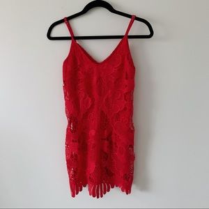 Express Red/Pink Strappy Floral Lace Mini Dress XS